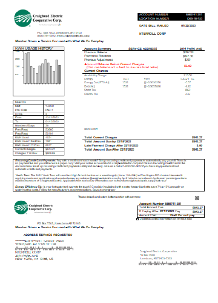 Craighead Electric Cooperative utility business bill, SCR PSD template